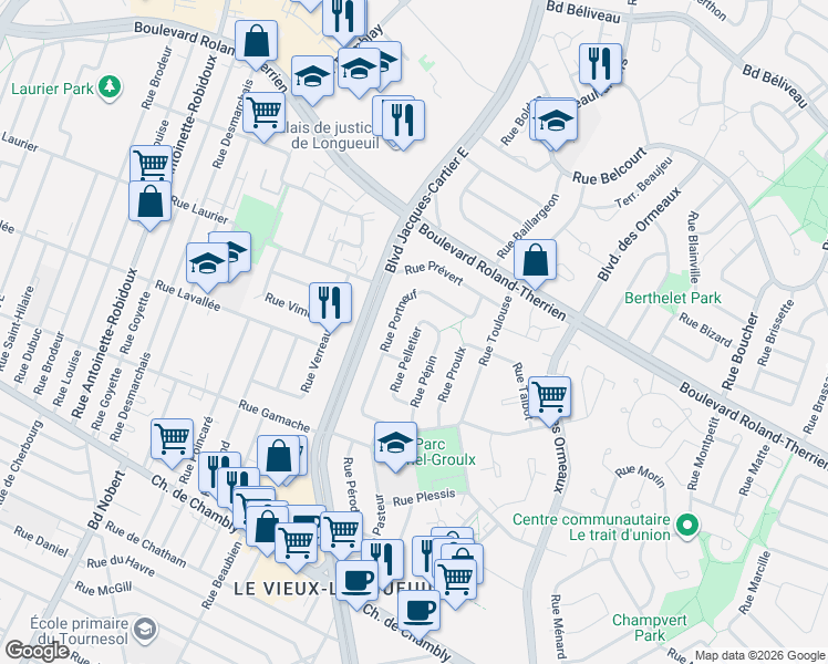 map of restaurants, bars, coffee shops, grocery stores, and more near 385 Rue Pelletier in Longueuil