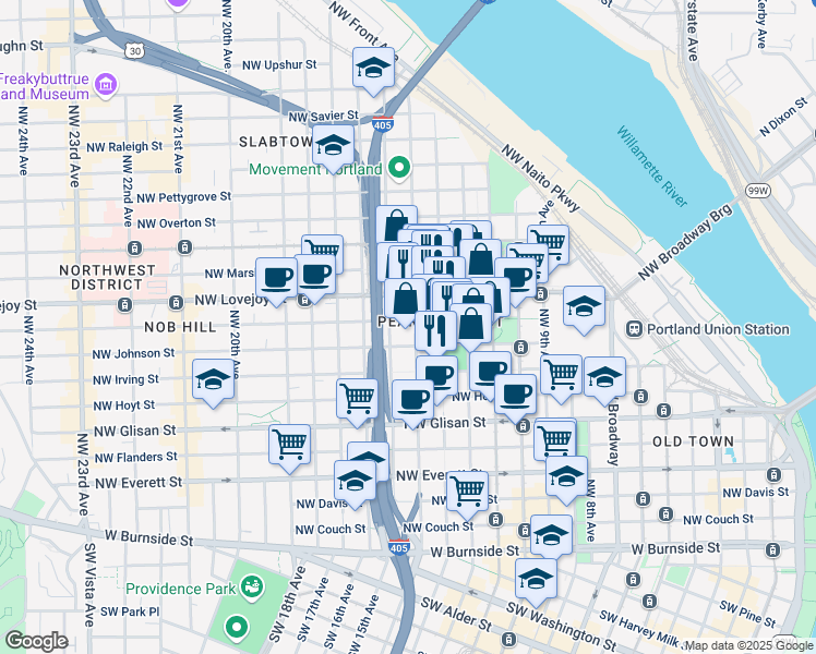 map of restaurants, bars, coffee shops, grocery stores, and more near in Portland