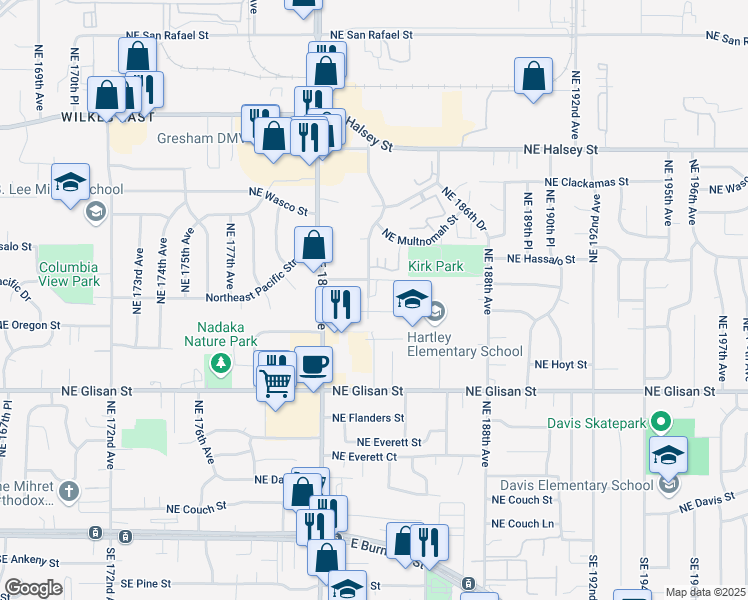 map of restaurants, bars, coffee shops, grocery stores, and more near 916 Northeast 183rd Avenue in Portland