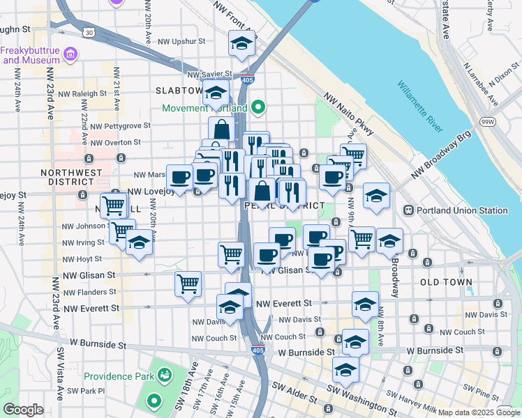 map of restaurants, bars, coffee shops, grocery stores, and more near 1410 Northwest Kearney Street in Portland