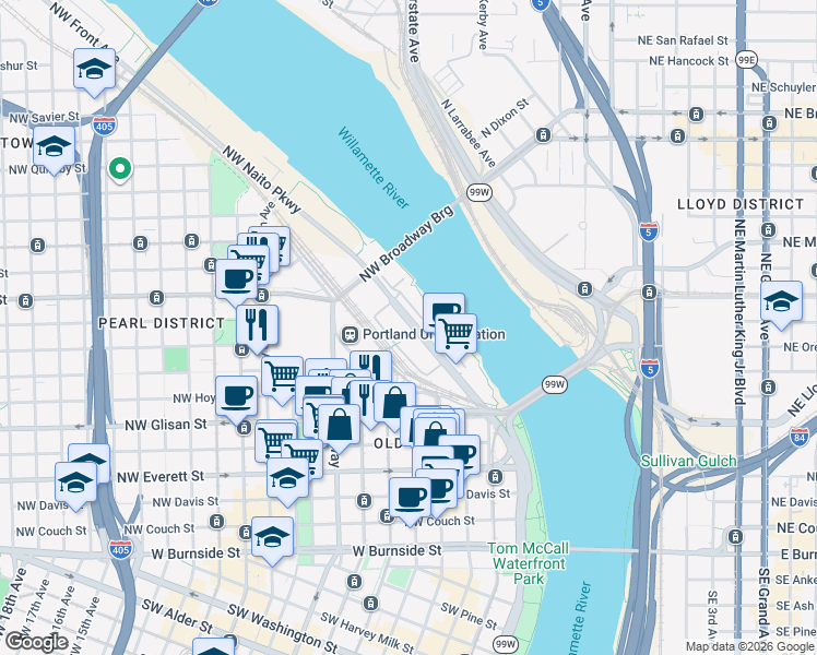 map of restaurants, bars, coffee shops, grocery stores, and more near 815 Northwest Naito Parkway in Portland