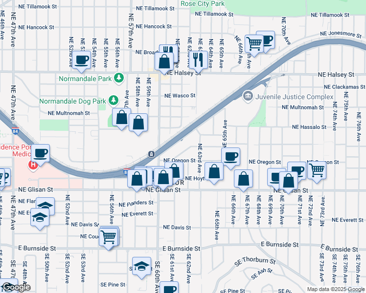 map of restaurants, bars, coffee shops, grocery stores, and more near 6165 Northeast Vera Street in Portland