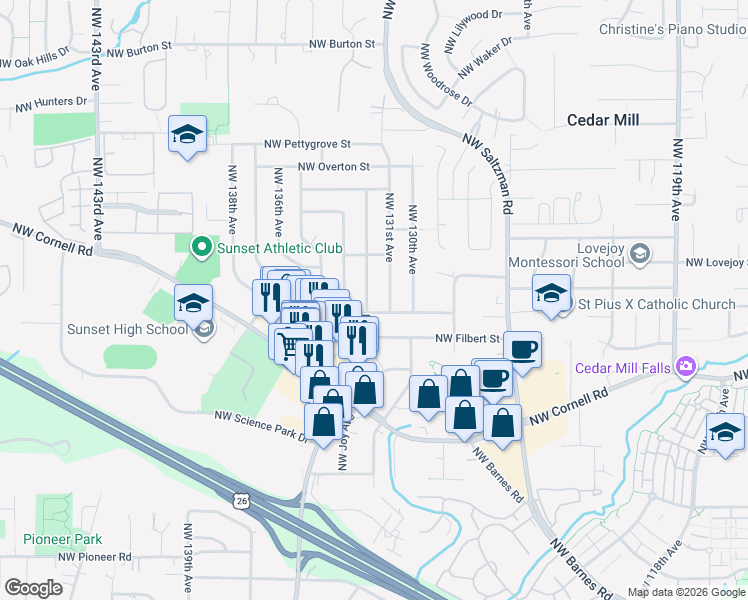 map of restaurants, bars, coffee shops, grocery stores, and more near 1370 Northwest Murray Road in Portland