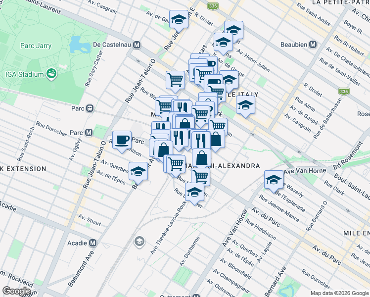 map of restaurants, bars, coffee shops, grocery stores, and more near 167 Rue Saint-Zotique Ouest in Montréal
