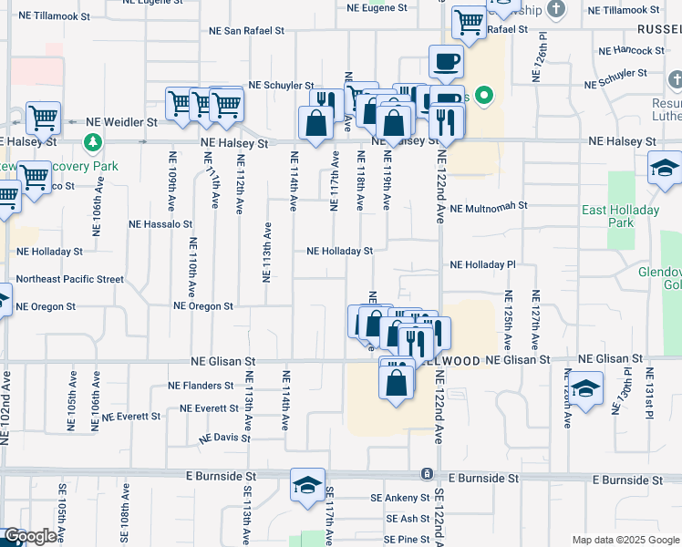 map of restaurants, bars, coffee shops, grocery stores, and more near 911 Northeast 117th Avenue in Portland