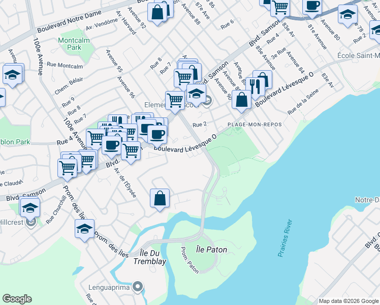 map of restaurants, bars, coffee shops, grocery stores, and more near 4390 Boulevard Lévesque O in Laval