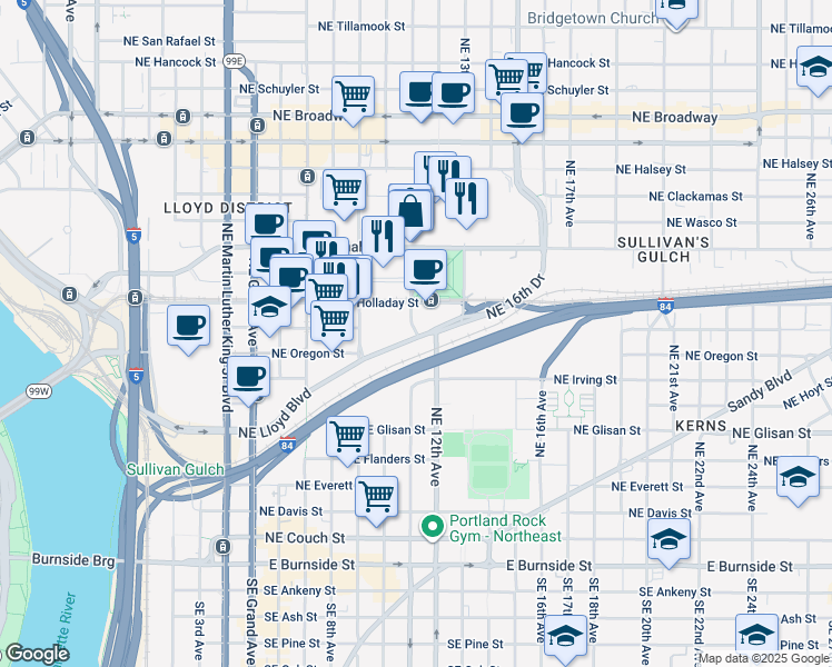 map of restaurants, bars, coffee shops, grocery stores, and more near 911 Northeast 11th Avenue in Portland