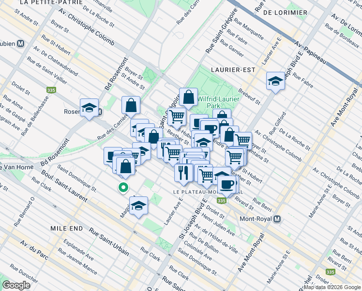 map of restaurants, bars, coffee shops, grocery stores, and more near 5233 Rue Berri in Montréal