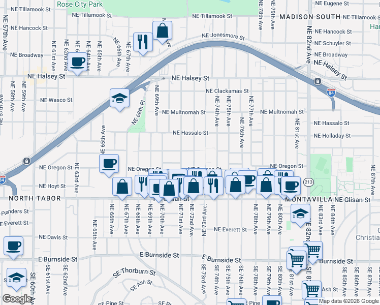 map of restaurants, bars, coffee shops, grocery stores, and more near 909 Northeast 72nd Avenue in Portland