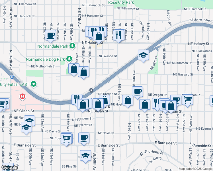 map of restaurants, bars, coffee shops, grocery stores, and more near 6116 Northeast Willow Street in Portland
