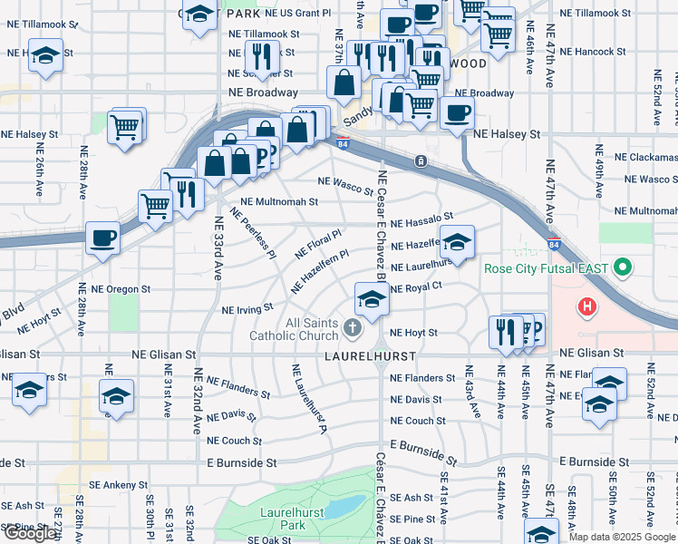 map of restaurants, bars, coffee shops, grocery stores, and more near 912 Northeast Hazelfern Place in Portland