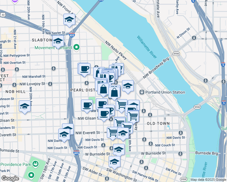 map of restaurants, bars, coffee shops, grocery stores, and more near in Portland