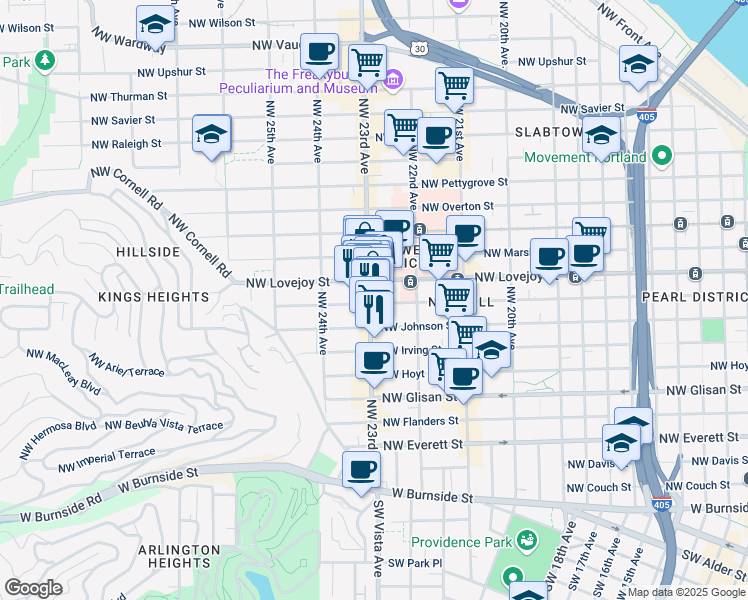 map of restaurants, bars, coffee shops, grocery stores, and more near 2280 Northwest Lovejoy Street in Portland