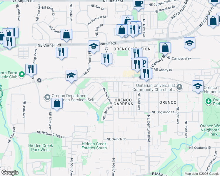 map of restaurants, bars, coffee shops, grocery stores, and more near 6011 Northeast Maidstone Street in Hillsboro