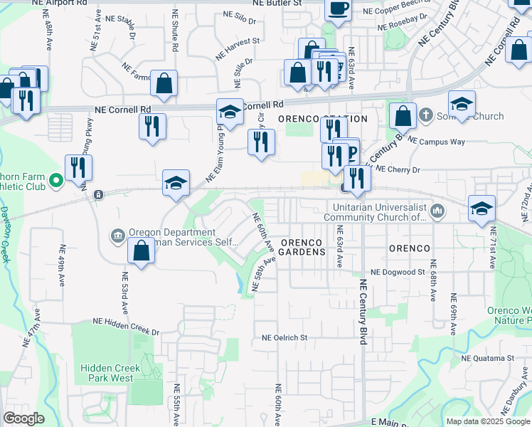 map of restaurants, bars, coffee shops, grocery stores, and more near 6011 Northeast Maidstone Street in Hillsboro