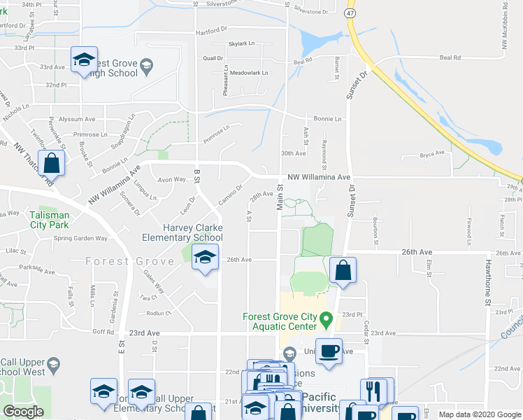 map of restaurants, bars, coffee shops, grocery stores, and more near 2736 Main Street in Forest Grove