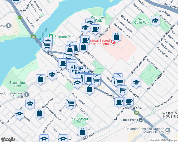 map of restaurants, bars, coffee shops, grocery stores, and more near 12152 Rue Lachapelle in Montréal