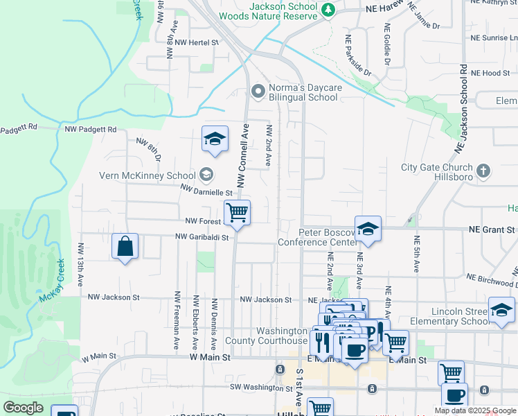map of restaurants, bars, coffee shops, grocery stores, and more near 217 Northwest Forest Street in Hillsboro