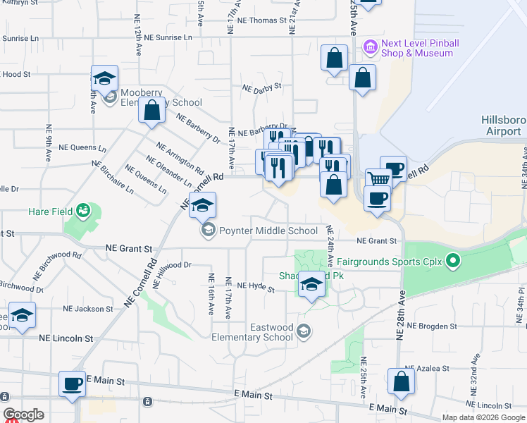 map of restaurants, bars, coffee shops, grocery stores, and more near 749 Northeast 20th Place in Hillsboro