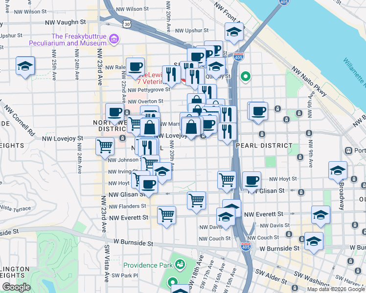 map of restaurants, bars, coffee shops, grocery stores, and more near Northwest Kearney Street in Portland