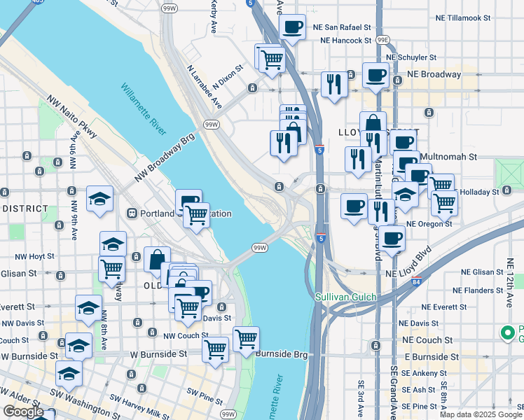 map of restaurants, bars, coffee shops, grocery stores, and more near in Portland