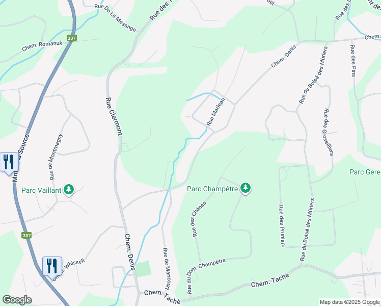 map of restaurants, bars, coffee shops, grocery stores, and more near 227 Chemin Denis in Cantley
