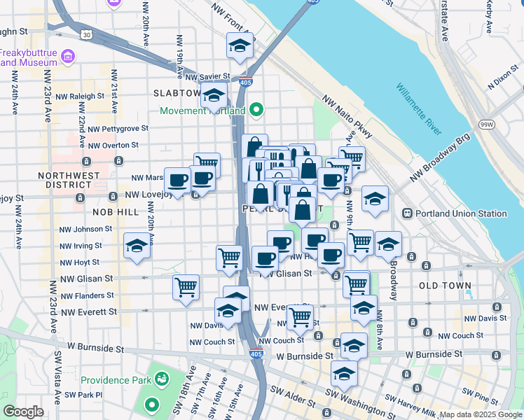 map of restaurants, bars, coffee shops, grocery stores, and more near 1410 Northwest Kearney Street in Portland