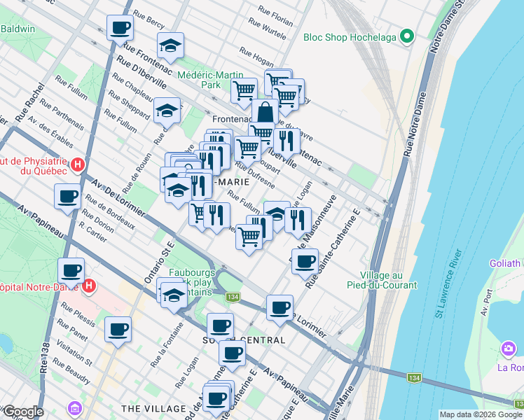 map of restaurants, bars, coffee shops, grocery stores, and more near 1737 Rue Fullum in Montréal