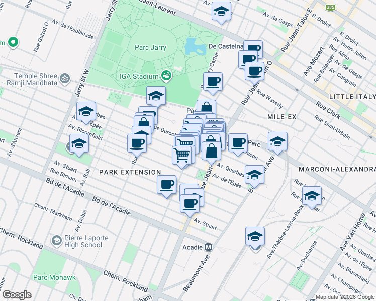 map of restaurants, bars, coffee shops, grocery stores, and more near 485 Avenue Ogilvy in Montréal