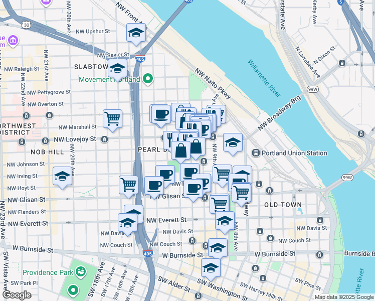 map of restaurants, bars, coffee shops, grocery stores, and more near 821 Northwest 11th Avenue in Portland