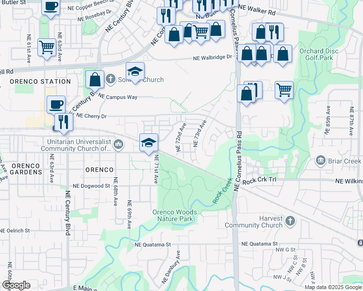 map of restaurants, bars, coffee shops, grocery stores, and more near 734 Northeast 72nd Avenue in Hillsboro