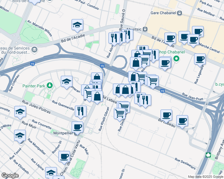 map of restaurants, bars, coffee shops, grocery stores, and more near Place de la Côte Vertu in Montréal