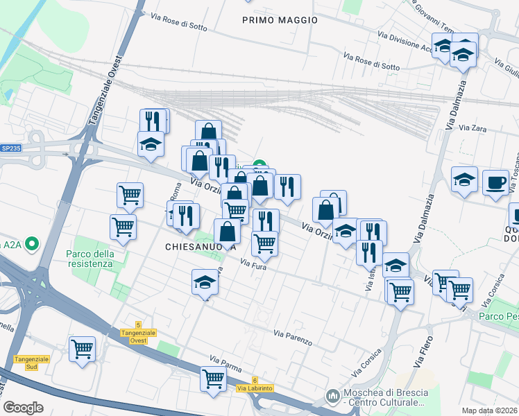 map of restaurants, bars, coffee shops, grocery stores, and more near 93 Via Orzinuovi in Brescia