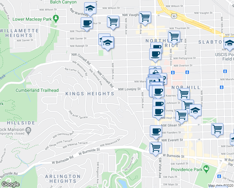 map of restaurants, bars, coffee shops, grocery stores, and more near 2539 Northwest Westover Road in Portland