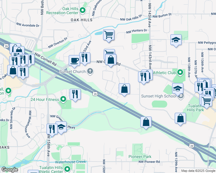 map of restaurants, bars, coffee shops, grocery stores, and more near 14800 Northwest Cornell Road in Portland