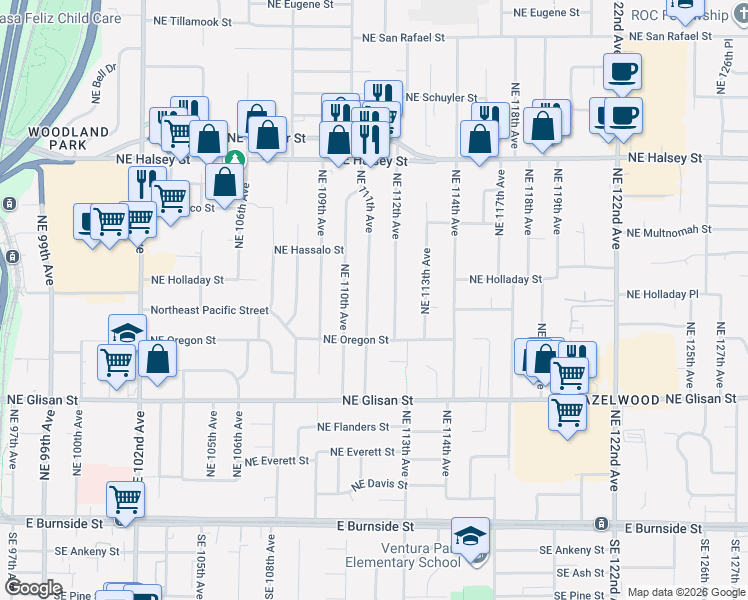 map of restaurants, bars, coffee shops, grocery stores, and more near 916 Northeast 111th Avenue in Portland