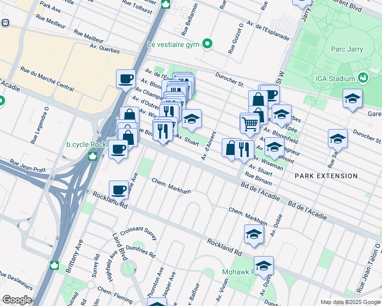 map of restaurants, bars, coffee shops, grocery stores, and more near 8360 Rue Birnam in Montréal
