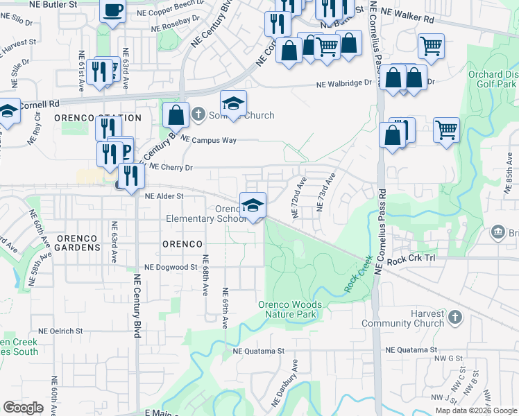 map of restaurants, bars, coffee shops, grocery stores, and more near 7054 Northeast Rocky Brook Street in Hillsboro
