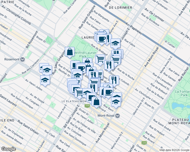 map of restaurants, bars, coffee shops, grocery stores, and more near 945 Boulevard Saint-Joseph in Montreal