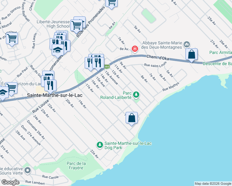 map of restaurants, bars, coffee shops, grocery stores, and more near 48 14e Avenue in Sainte-Marthe-sur-le-Lac