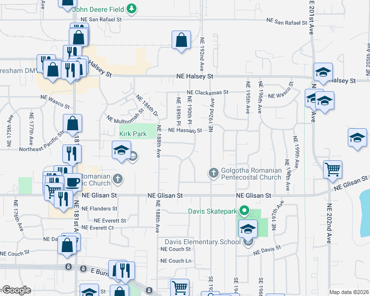 map of restaurants, bars, coffee shops, grocery stores, and more near 19010 Northeast Holladay Street in Portland