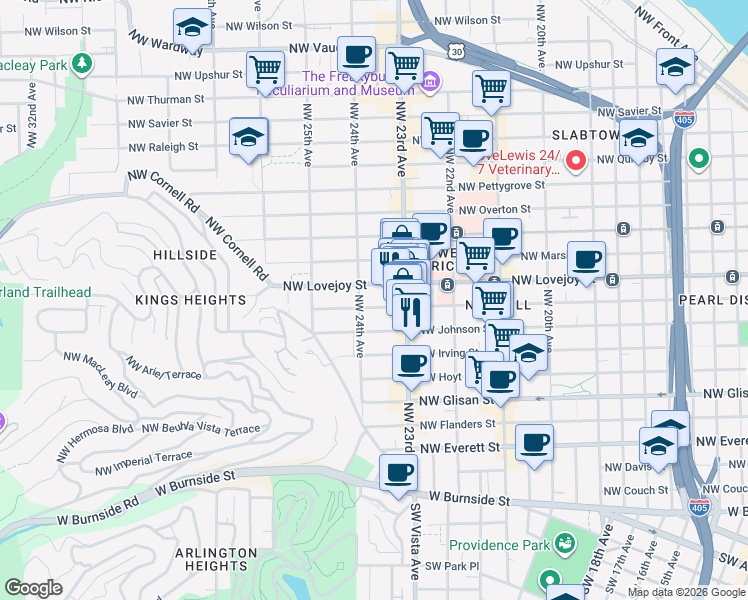 map of restaurants, bars, coffee shops, grocery stores, and more near 2368 Northwest Lovejoy Street in Portland