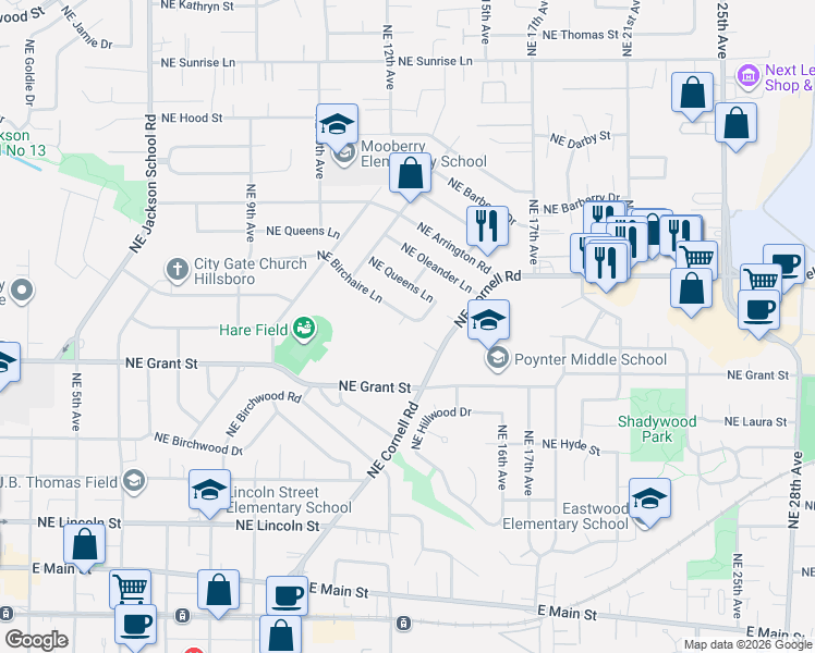 map of restaurants, bars, coffee shops, grocery stores, and more near 1234 Northeast Birchaire Lane in Hillsboro