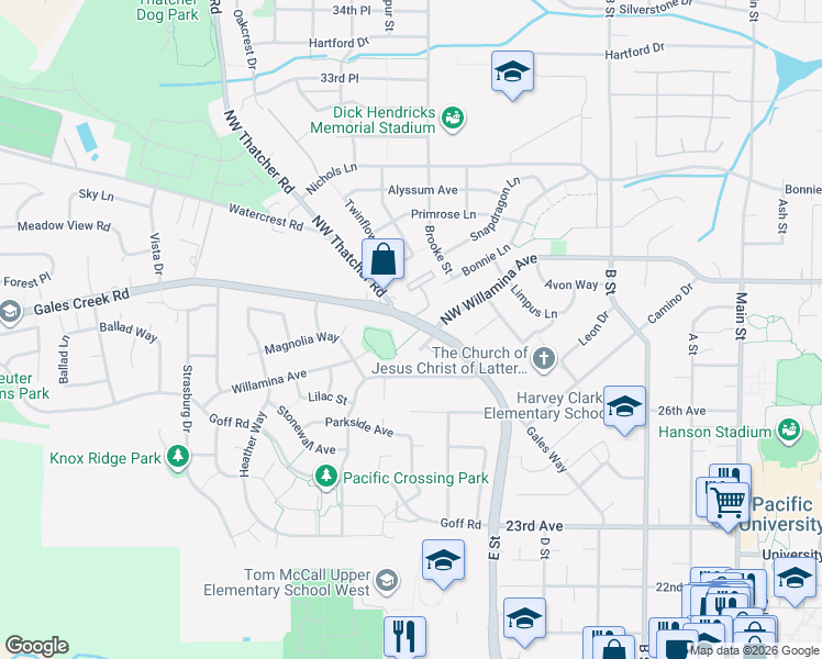 map of restaurants, bars, coffee shops, grocery stores, and more near 1315 Oregon 8 in Forest Grove