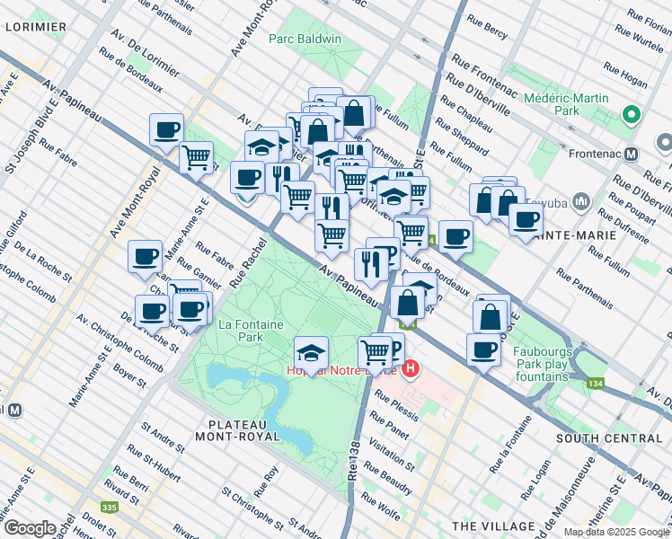map of restaurants, bars, coffee shops, grocery stores, and more near 3535 Avenue Papineau in Montréal