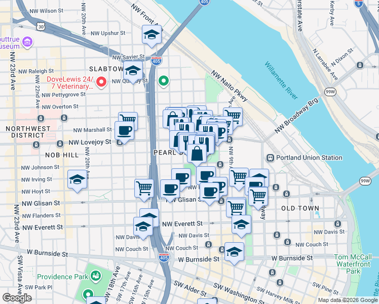 map of restaurants, bars, coffee shops, grocery stores, and more near 905 Northwest 12th Avenue in Portland