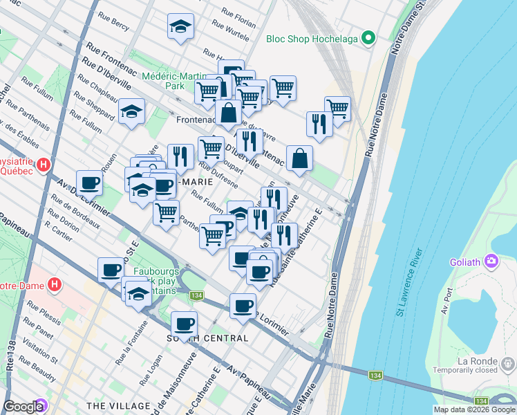 map of restaurants, bars, coffee shops, grocery stores, and more near 2380 Rue Logan in Montréal