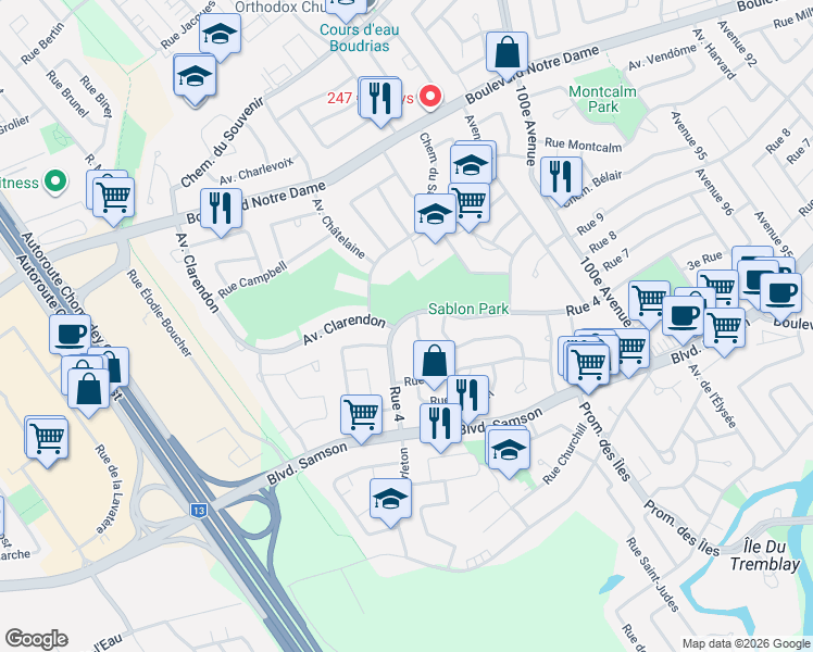 map of restaurants, bars, coffee shops, grocery stores, and more near 4958 4e Rue in Laval
