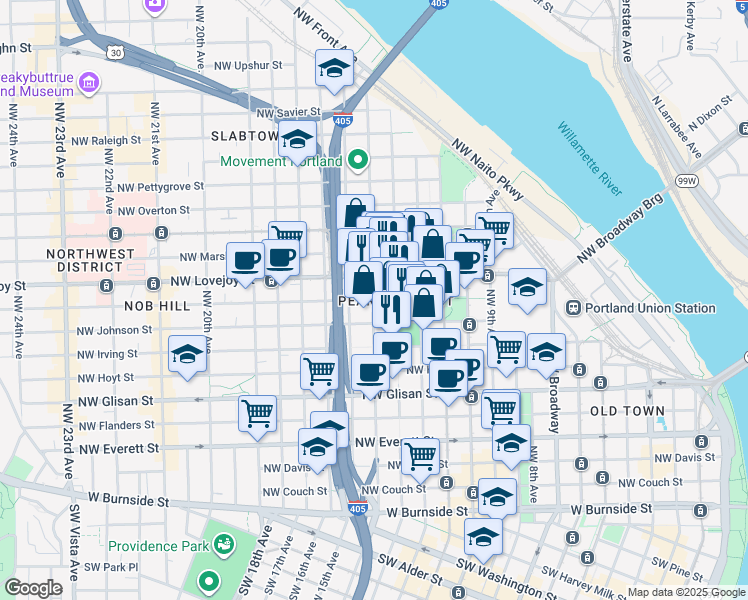 map of restaurants, bars, coffee shops, grocery stores, and more near 720 Northwest 14th Avenue in Portland