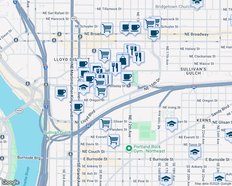 map of restaurants, bars, coffee shops, grocery stores, and more near 905 Northeast 11th Avenue in Portland